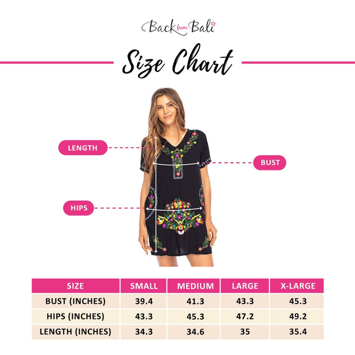 Short Embroidered Casual Floral Tunic Dress with Pockets