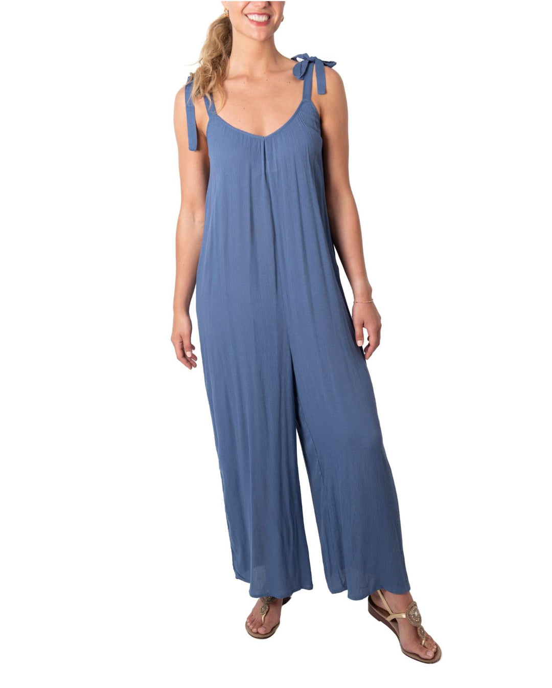 Casual Wide Leg Sleeveless Jumpsuit with Adjustable Shoulder Ties