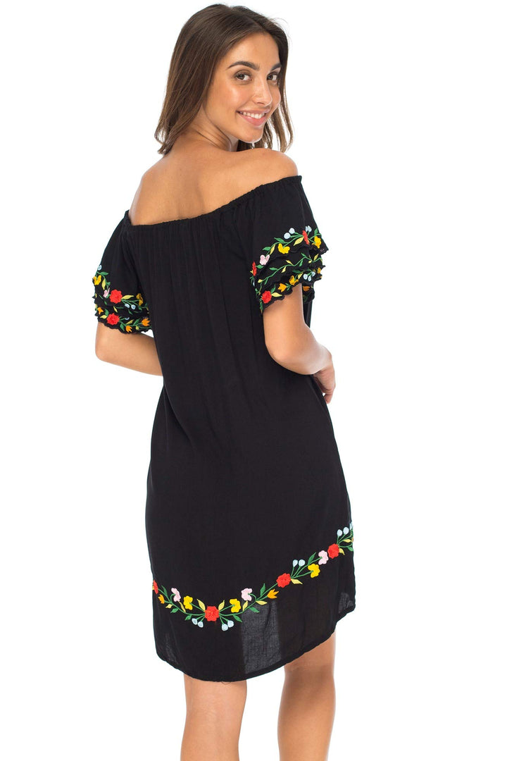 Short Off Shoulder Embroidered Floral Peasant Dress