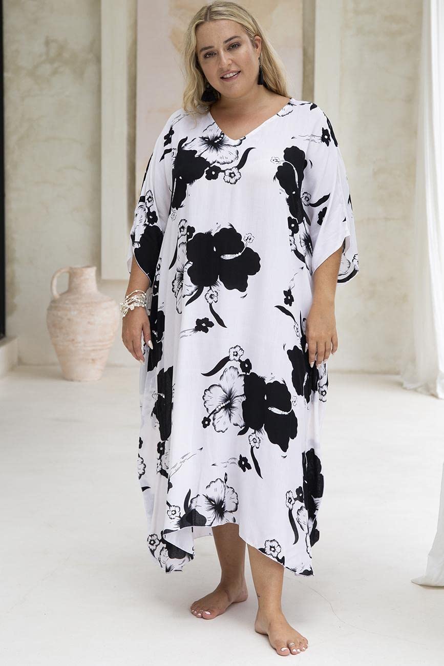 Plus Size Long Floral Hibiscus Cover Up with Sequins