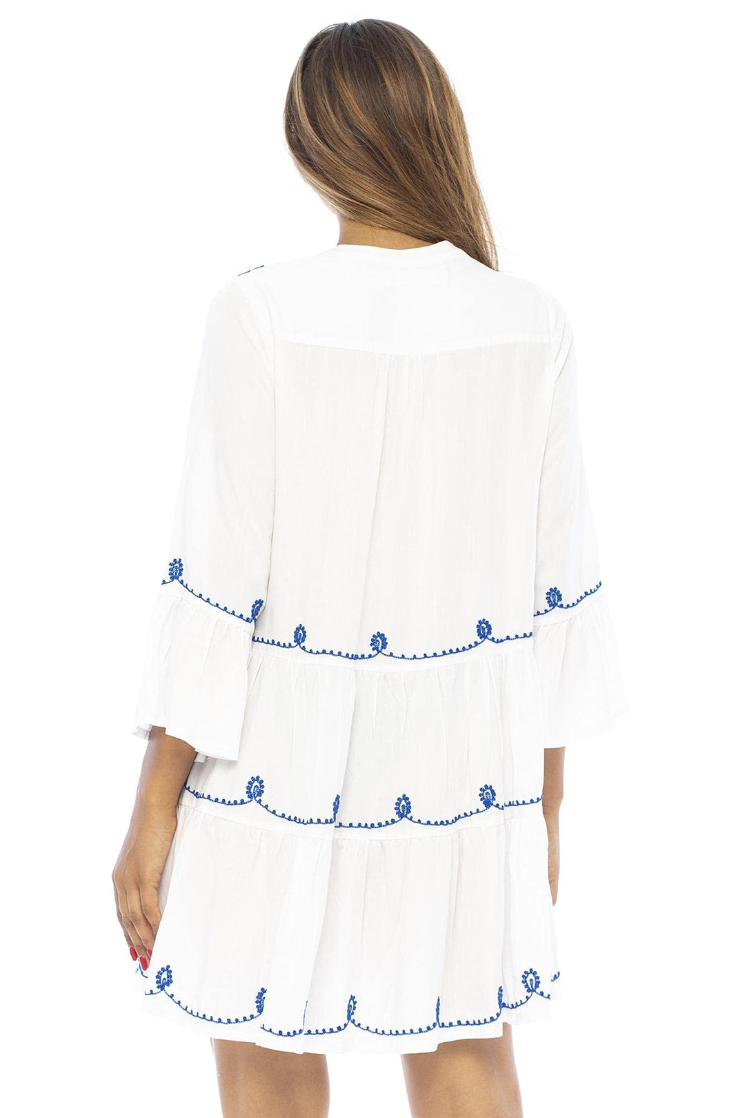 Short Flowy Boho Print Dress with Embroidered V Neck