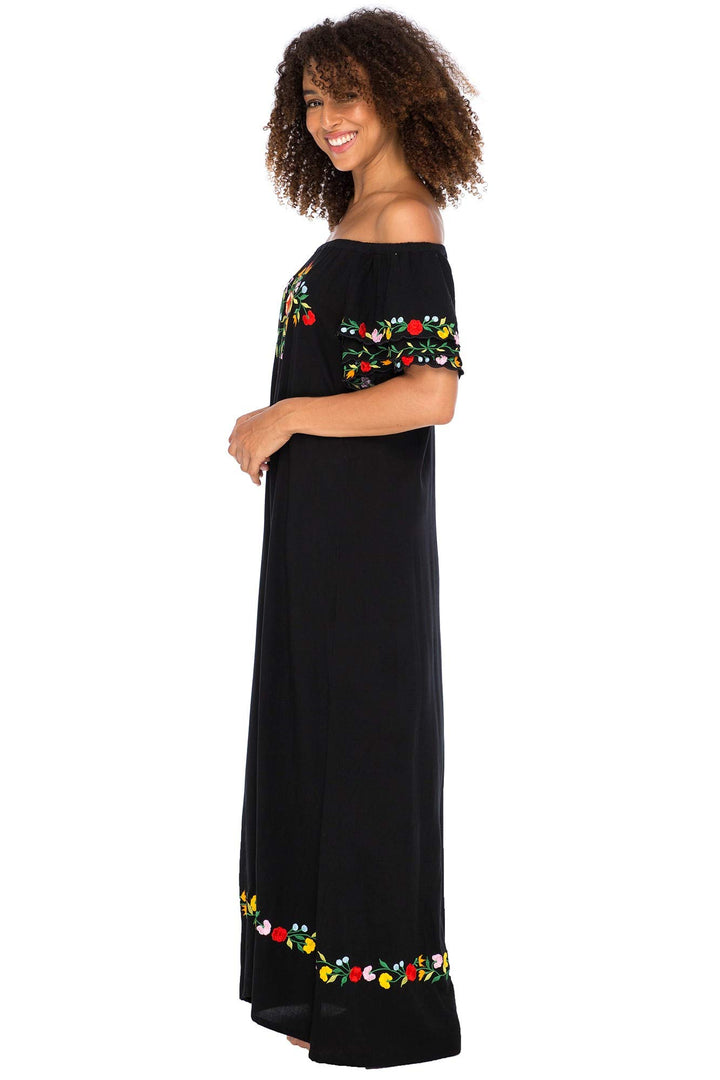 Maxi Off Shoulder Long Embroidered Floral Design Dress