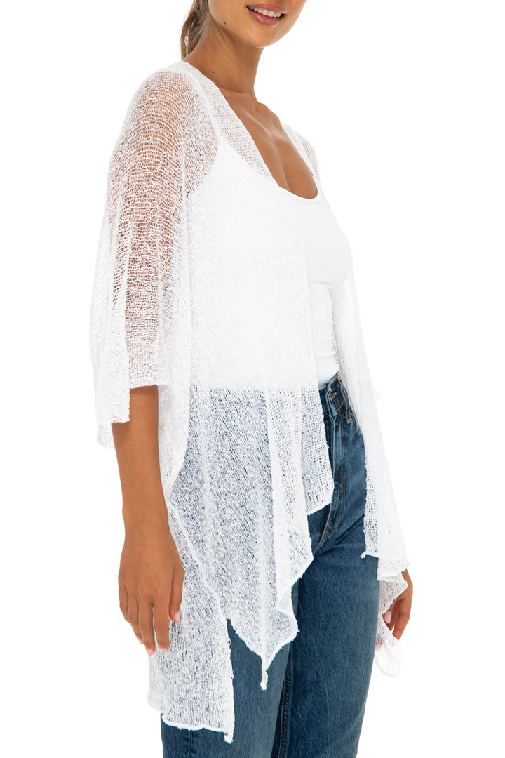 Open Front ¾ Sleeve Kimono Sweater with Curved Hem