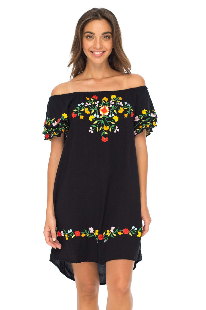 Short Off Shoulder Embroidered Floral Peasant Dress