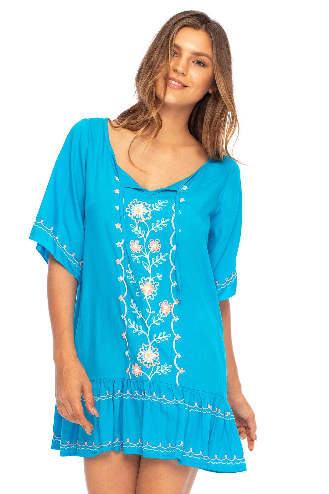 Back From Bali Womens Floral Embroidered Beach Dress Swimsuit Cover Up Casual Short Sleeve Boho Tunic Top Rayon