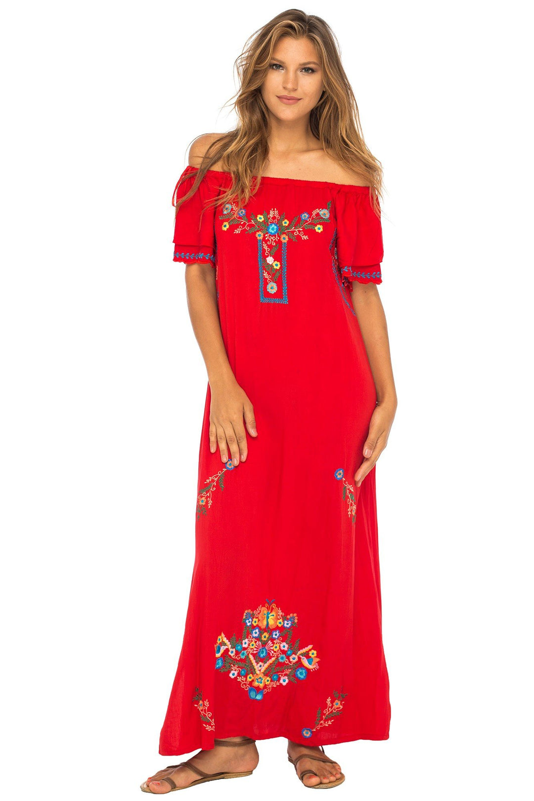 Long Embroidered Off Shoulder Peasant Dress