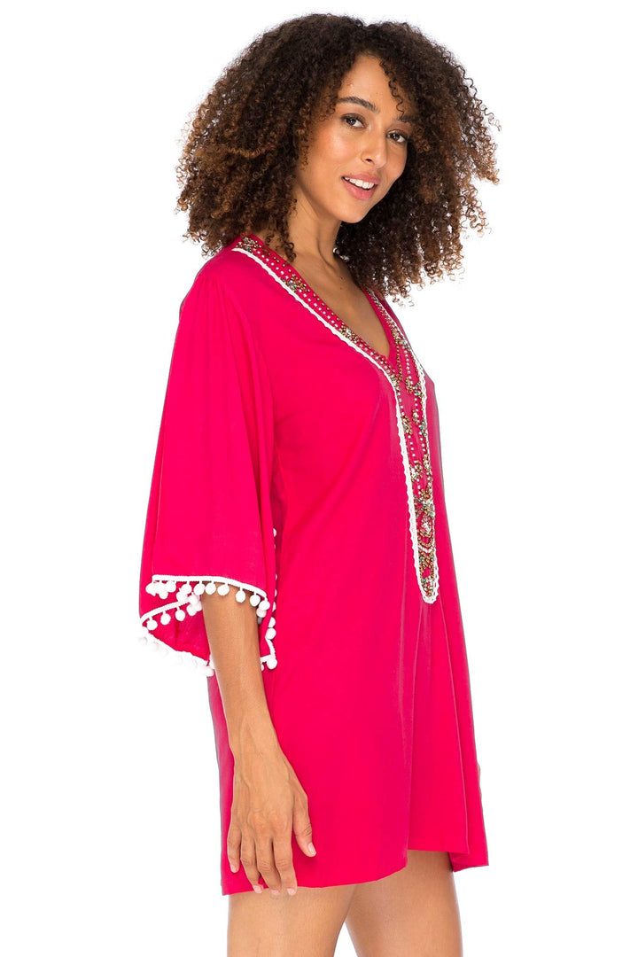 Back From Bali Womens Boho Beaded Loose Fit Tunic Dress V-Neck Top Cape Sleeves Bohemian Loose Swimsuit Cover Up