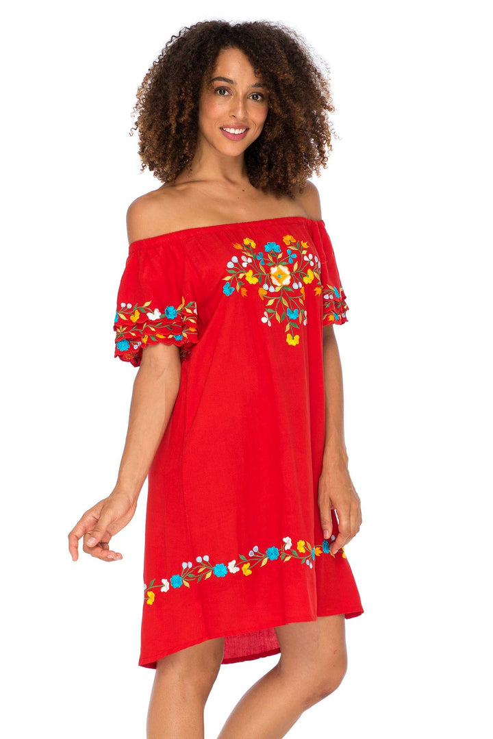 Short Off Shoulder Embroidered Floral Peasant Dress