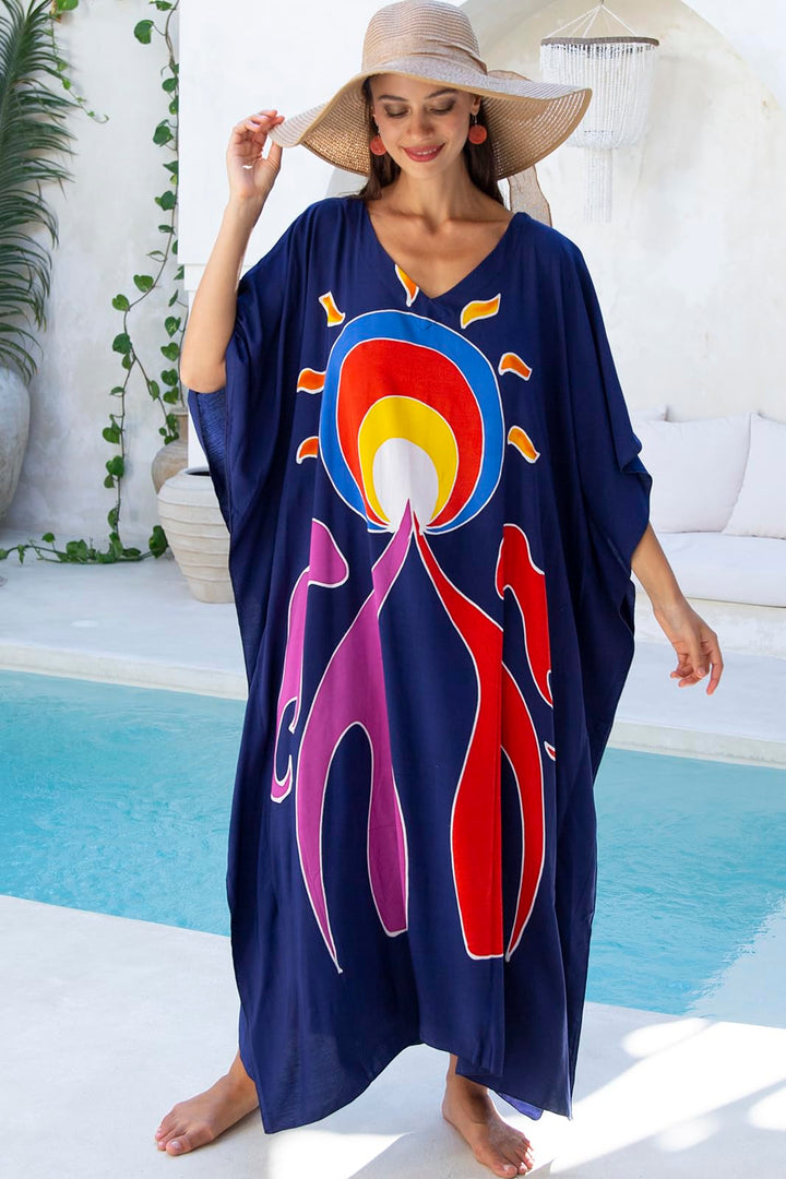 Hand Painted Long Caftan Cover Up Lounge Dress