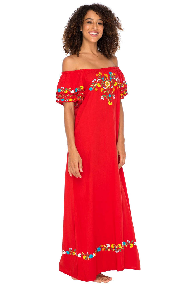 Maxi Off Shoulder Long Embroidered Floral Design Dress