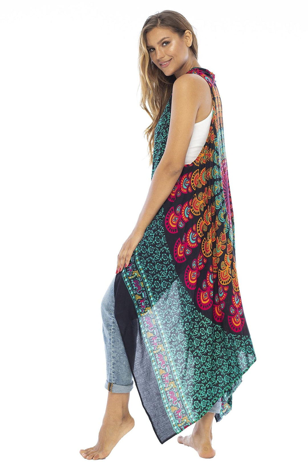 Back From Bali Womens Long Sleeveless Kimono Cardigan Casual Lightweight Boho Peacock Duster Swimsuit Cover Up