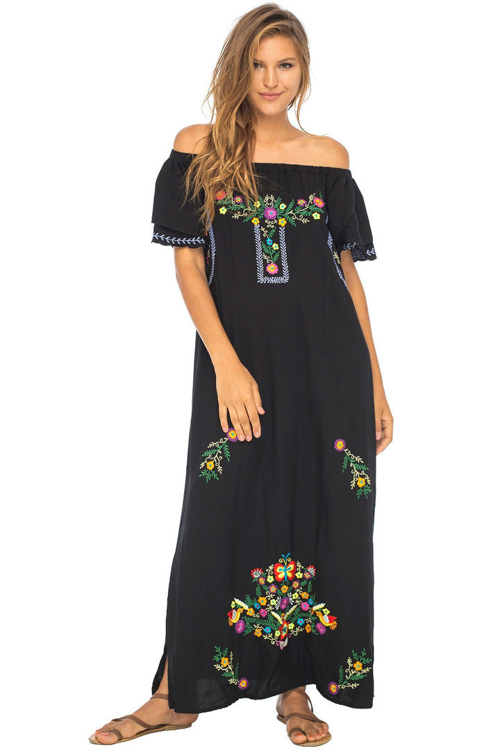 Long Embroidered Off Shoulder Peasant Dress