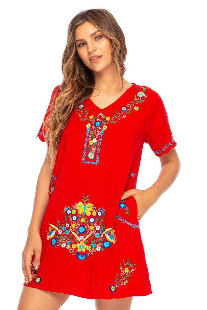 Short Embroidered Casual Floral Tunic Dress with Pockets