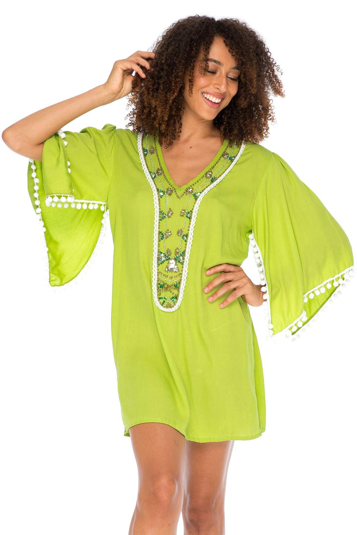 Back From Bali Womens Boho Beaded Loose Fit Tunic Dress V-Neck Top Cape Sleeves Bohemian Loose Swimsuit Cover Up