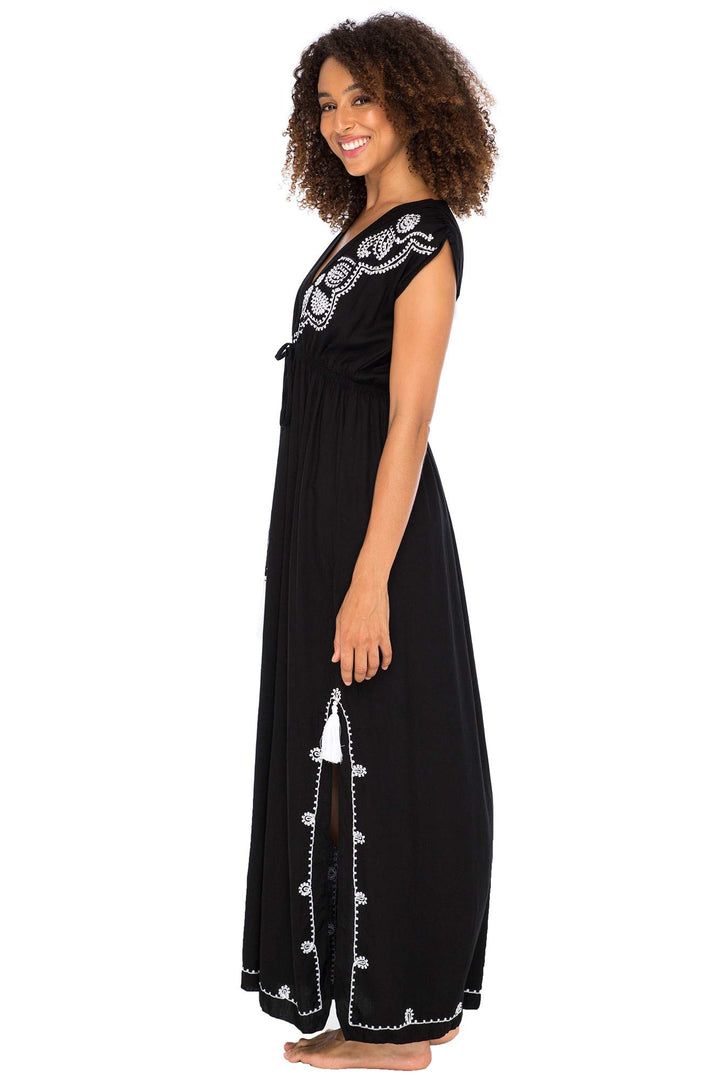 Maxi Boho Embroidered Sleeveless Deep V Neck Dress