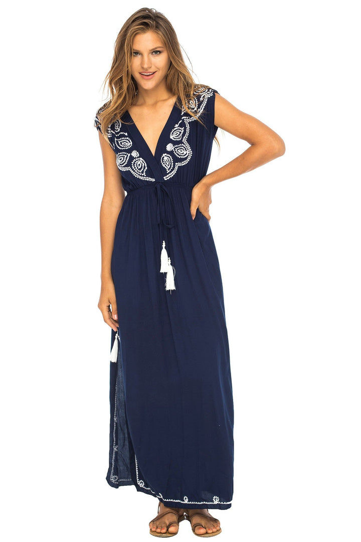 Maxi Boho Embroidered Sleeveless Deep V Neck Dress