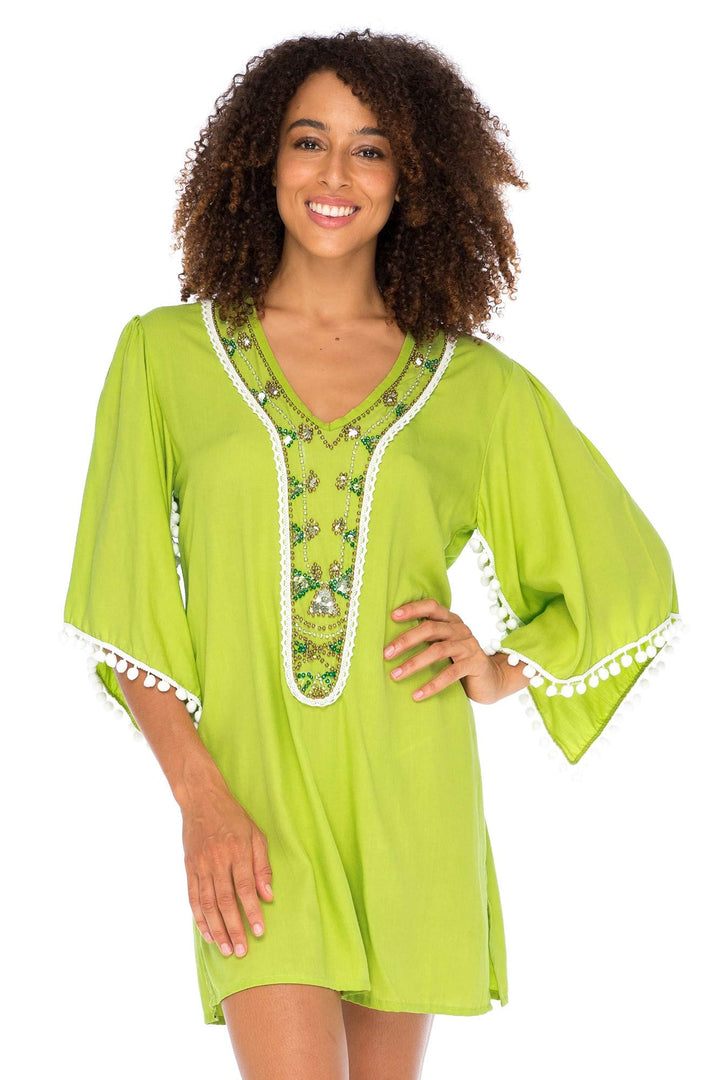 Back From Bali Womens Boho Beaded Loose Fit Tunic Dress V-Neck Top Cape Sleeves Bohemian Loose Swimsuit Cover Up