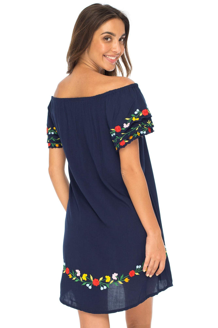 Short Off Shoulder Embroidered Floral Peasant Dress