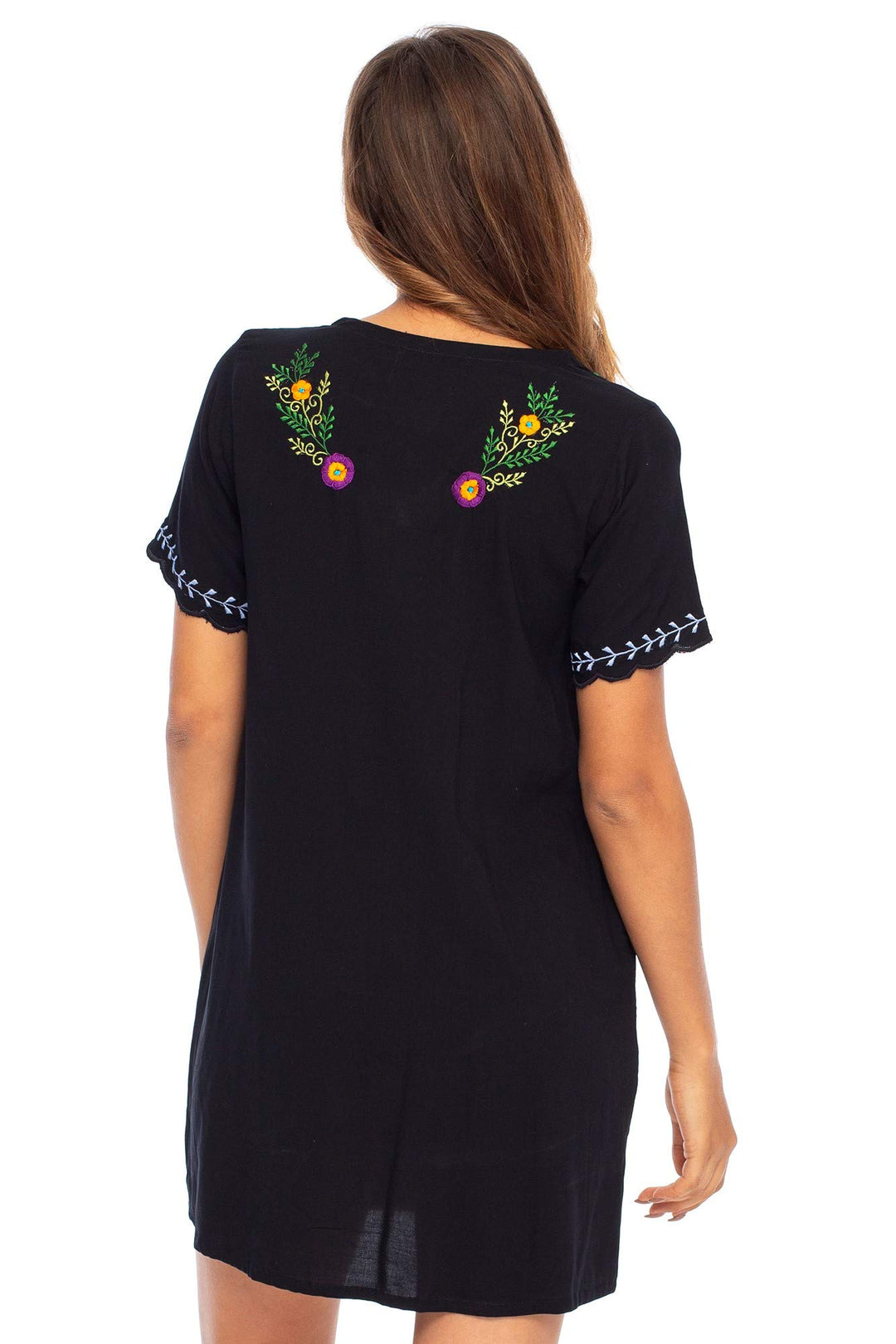 Short Embroidered Casual Floral Tunic Dress with Pockets