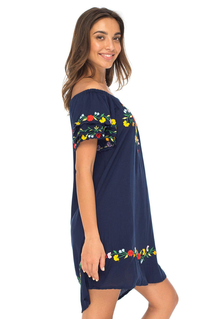 Short Off Shoulder Embroidered Floral Peasant Dress