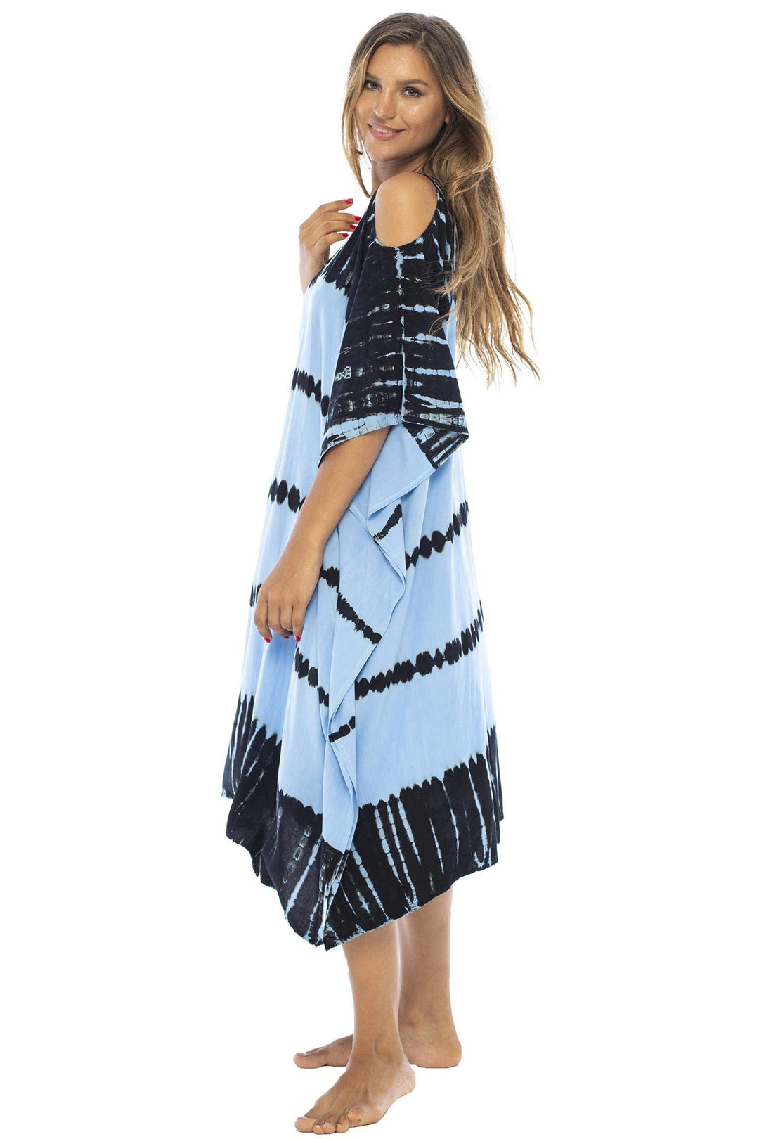 Back From Bali Womens Tie Dye Kaftan Poncho Dress Boho Cold Shoulder Casual Summer Dress Beach Swimsuit Cover Up