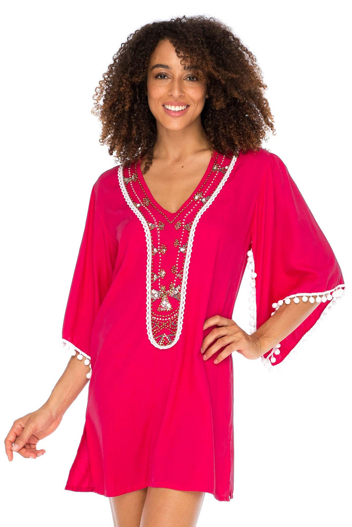 Back From Bali Womens Boho Beaded Loose Fit Tunic Dress V-Neck Top Cape Sleeves Bohemian Loose Swimsuit Cover Up