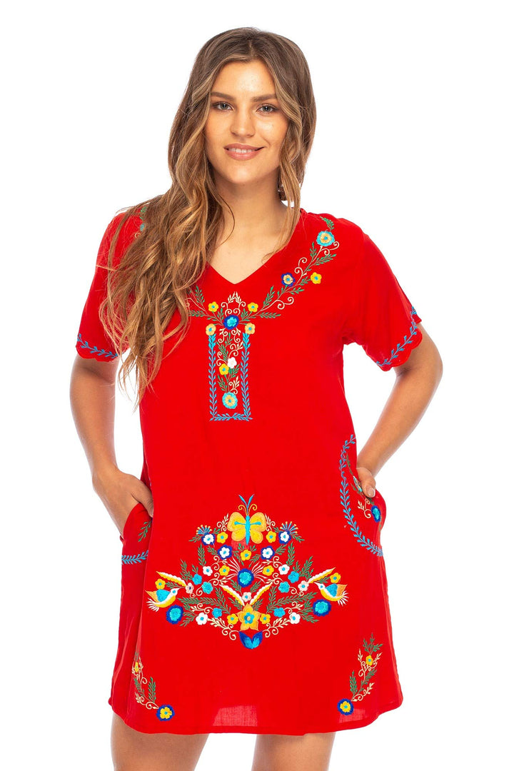 Short Embroidered Casual Floral Tunic Dress with Pockets