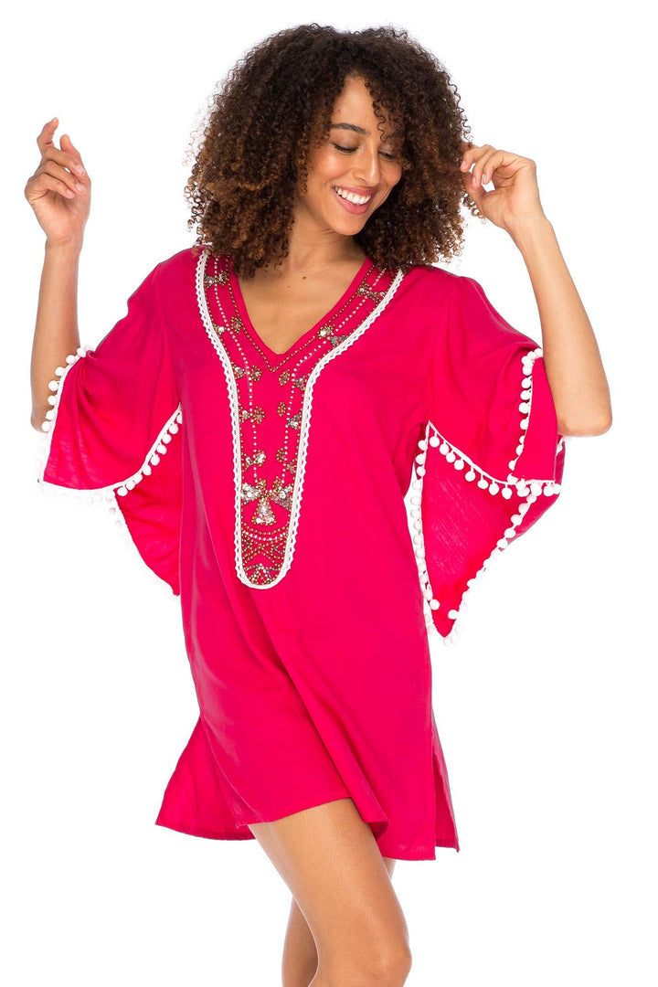 Back From Bali Womens Boho Beaded Loose Fit Tunic Dress V-Neck Top Cape Sleeves Bohemian Loose Swimsuit Cover Up