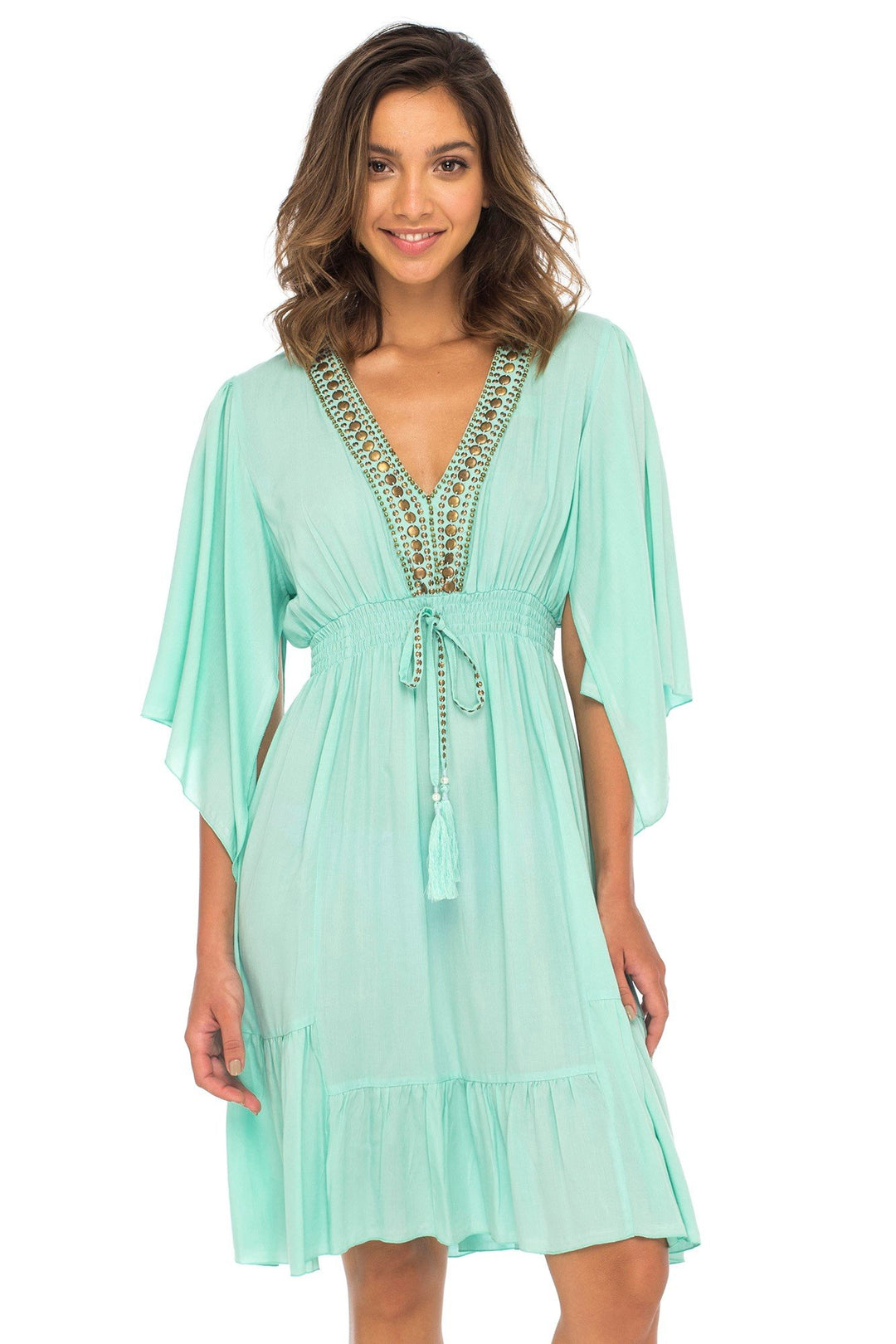 Short Beaded Deep V Neck Sundress