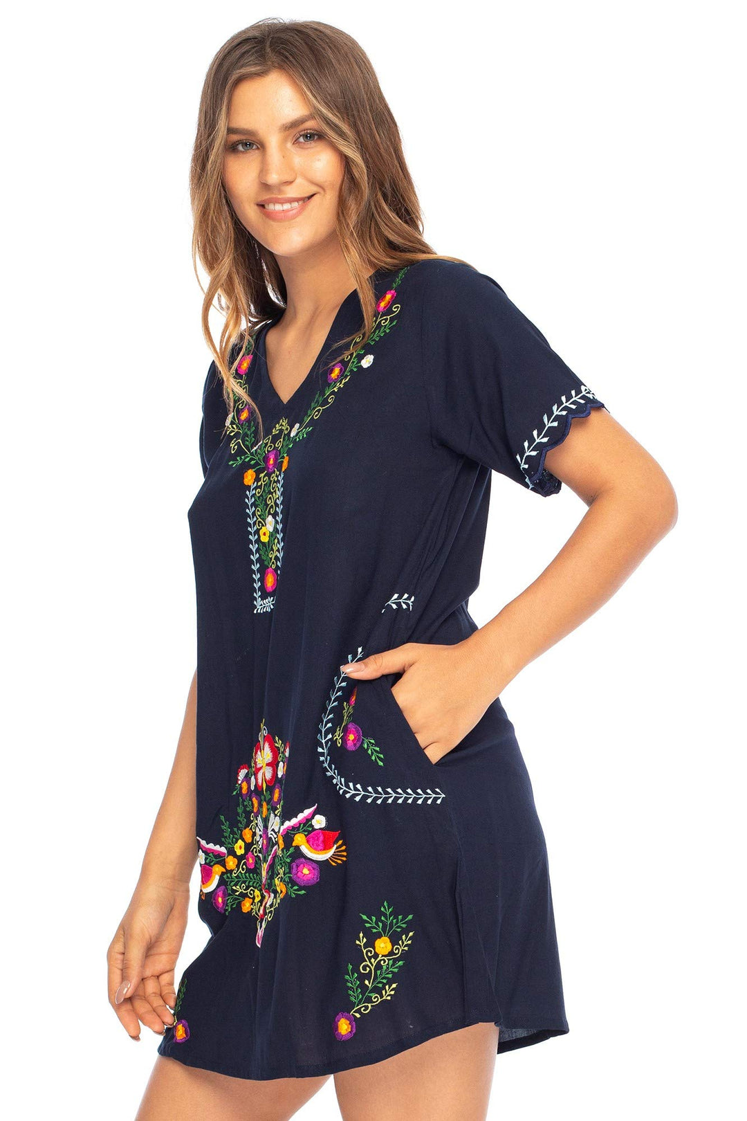 Short Embroidered Casual Floral Tunic Dress with Pockets