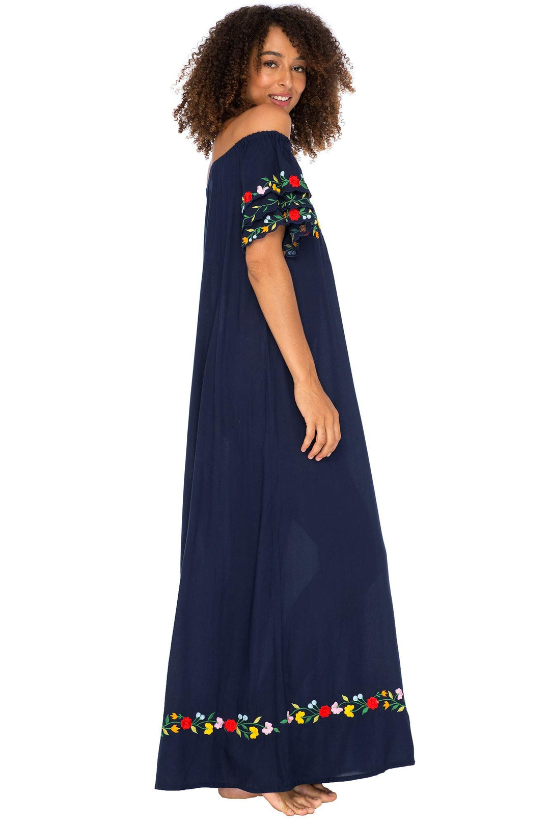 Maxi Off Shoulder Long Embroidered Floral Design Dress