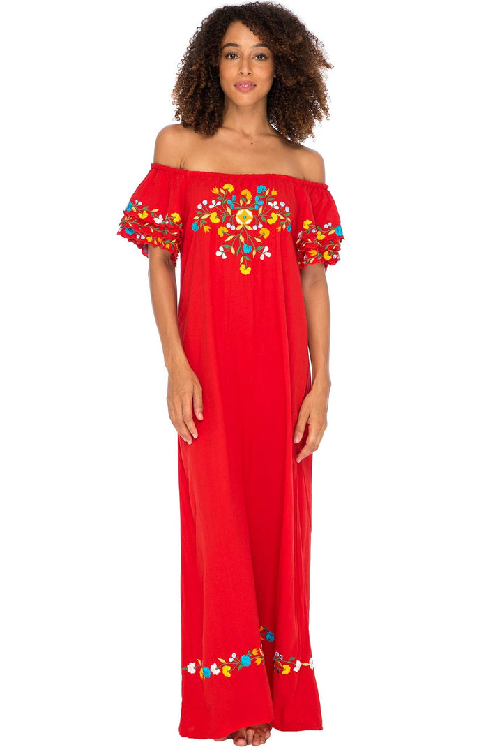 Maxi Off Shoulder Long Embroidered Floral Design Dress