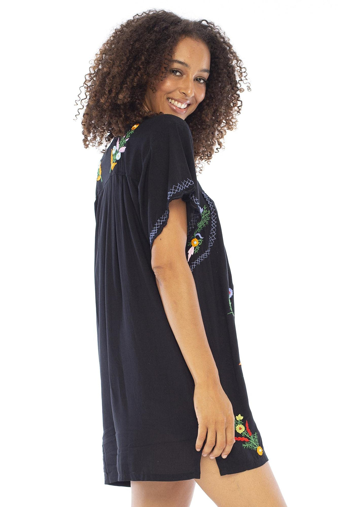 Back From Bali Womens Short Dress Mexican Embroidered Short Sleeves Cover Up