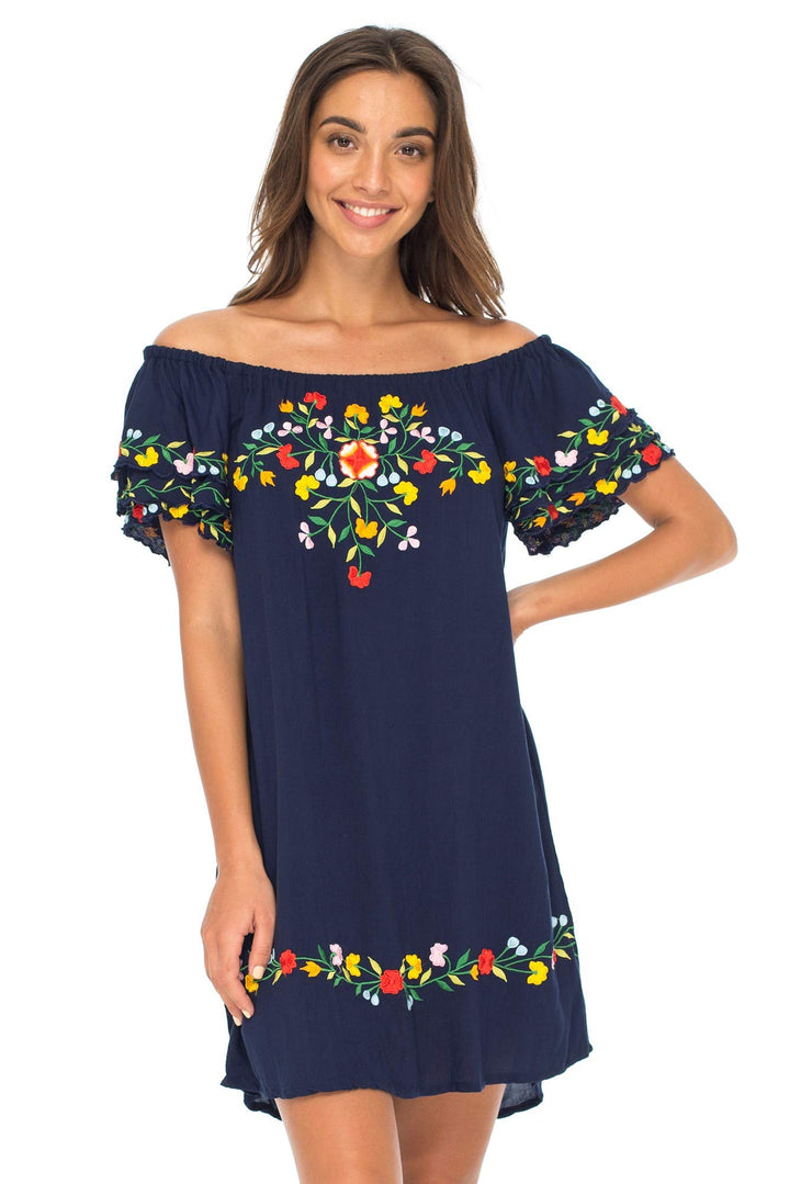 Short Off Shoulder Embroidered Floral Peasant Dress