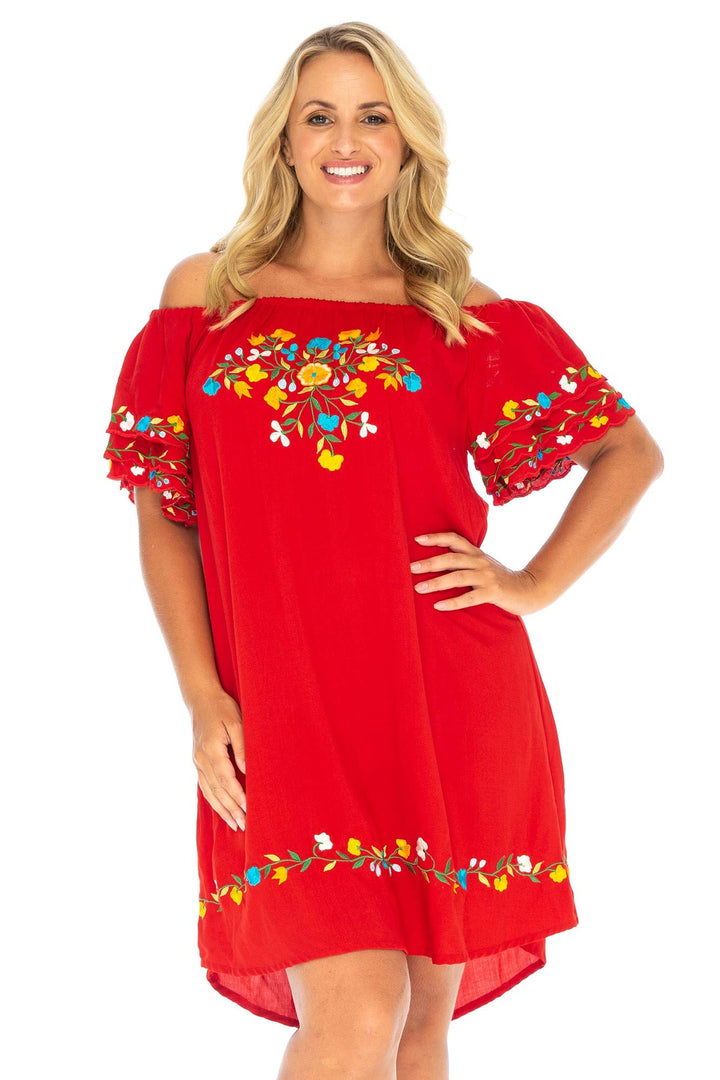 Back From Bali Womens Mexican Embroidered Dress Plus Size Boho Tunic Swimsuit Cover Up Casual Short Floral Shift Rayon