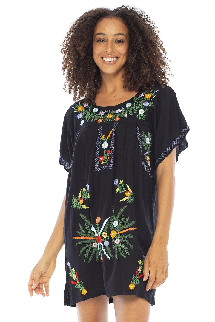 Back From Bali Womens Short Dress Mexican Embroidered Short Sleeves Cover Up