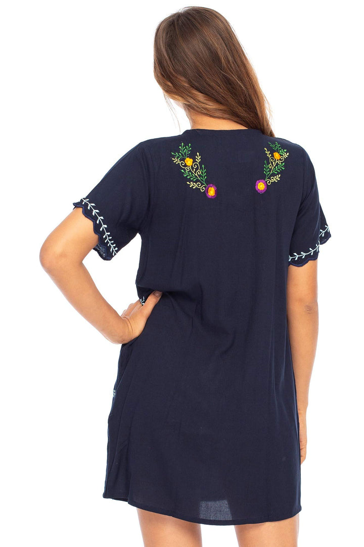 Short Embroidered Casual Floral Tunic Dress with Pockets