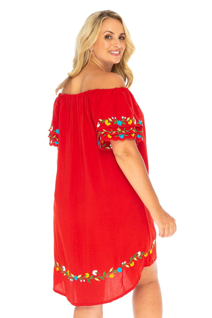 Back From Bali Womens Mexican Embroidered Dress Plus Size Boho Tunic Swimsuit Cover Up Casual Short Floral Shift Rayon