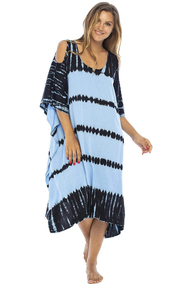 Back From Bali Womens Tie Dye Kaftan Poncho Dress Boho Cold Shoulder Casual Summer Dress Beach Swimsuit Cover Up