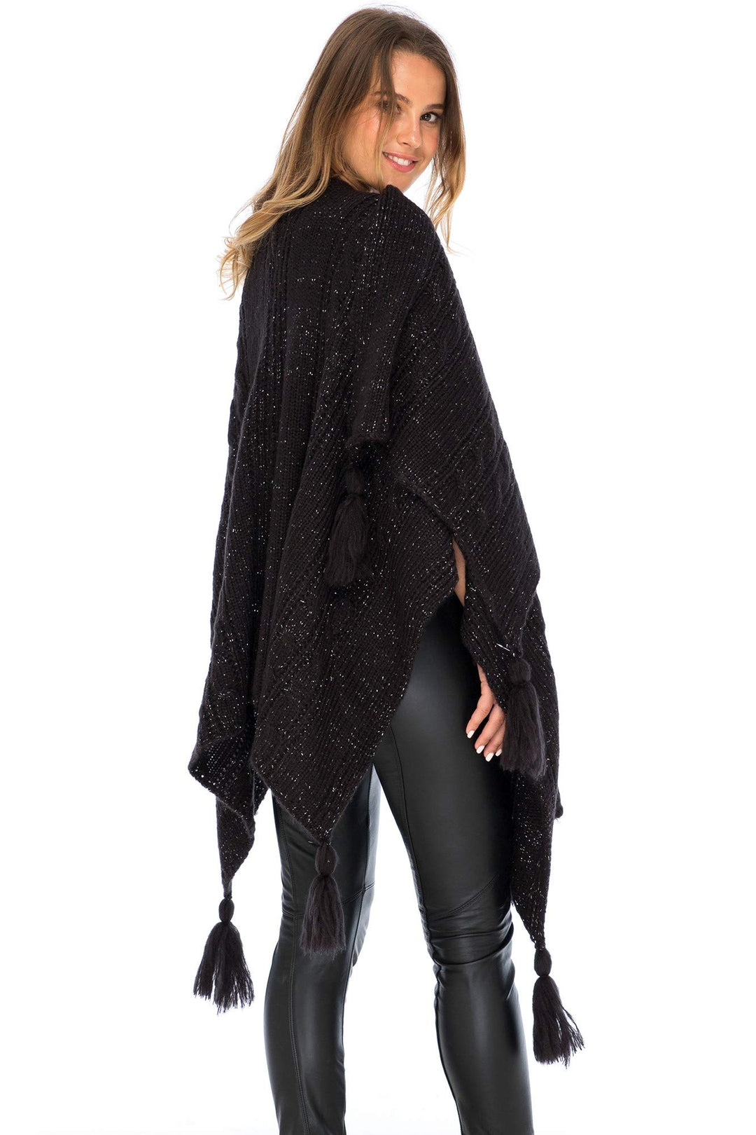 Back From Bali Womens Cable Knit Wrap Shawl Poncho Sweater Boho Long Soft Tassel Fringe