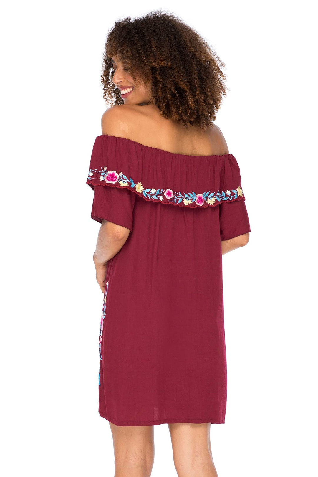 Back From Bali Womens Off Shoulder Embroidered Tunic Dress Boho Short Ruffle Beach Sundress