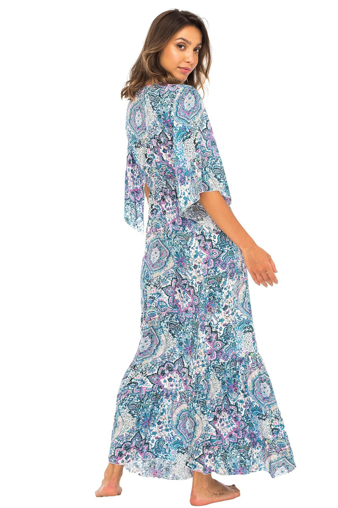 Back From Bali Womens Long Maxi Dress Boho Print Summer Sundress Deep V Neck Long Sleeves