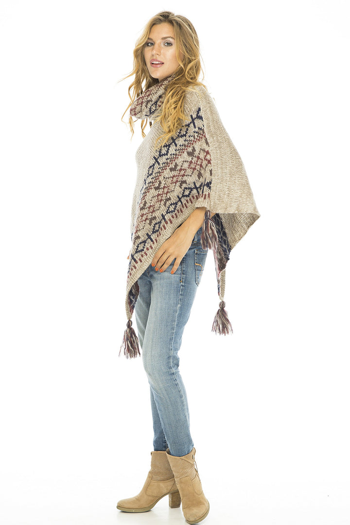 Soft Cowl Neck Poncho with Tassels