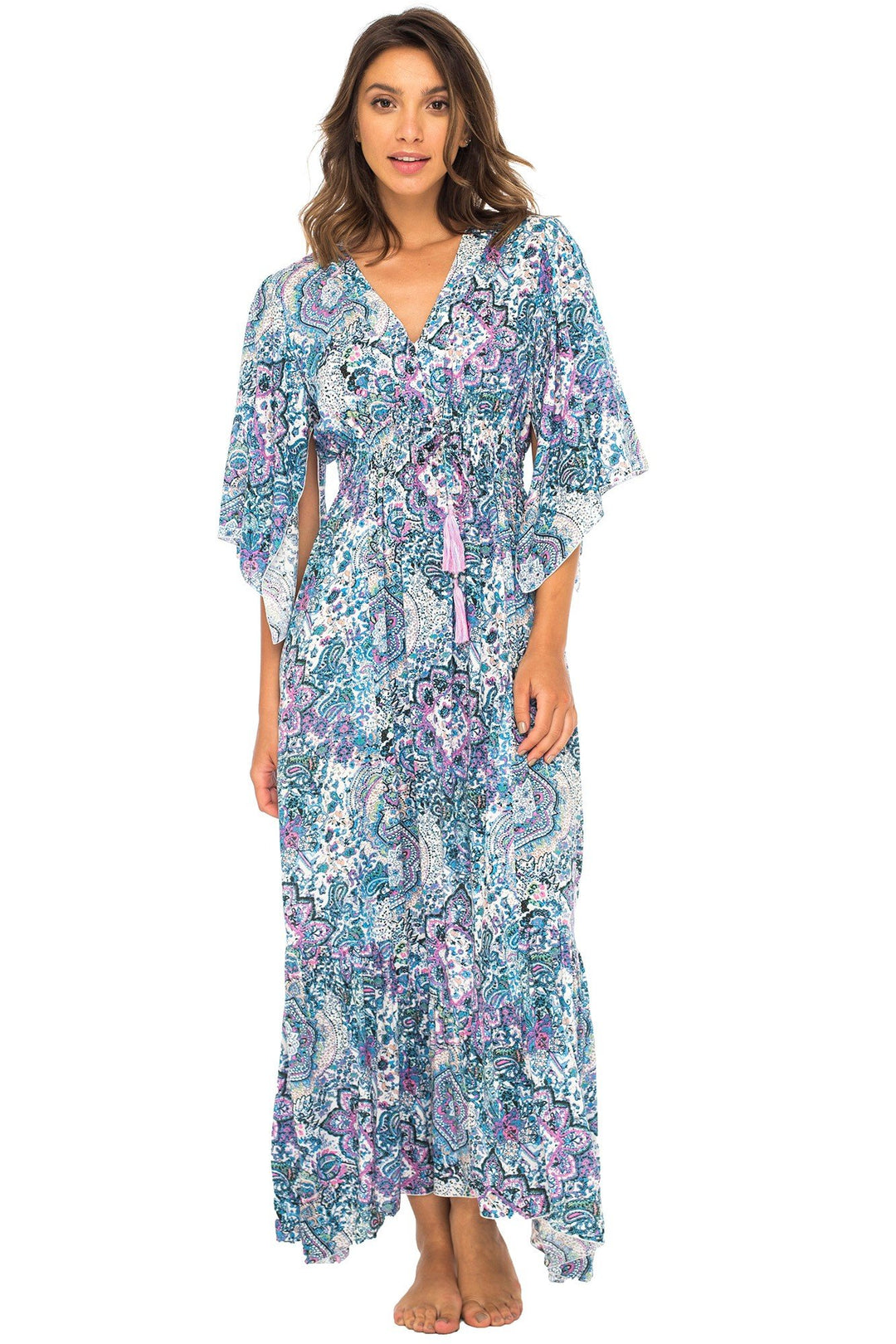 Back From Bali Womens Long Maxi Dress Boho Print Summer Sundress Deep V Neck Long Sleeves