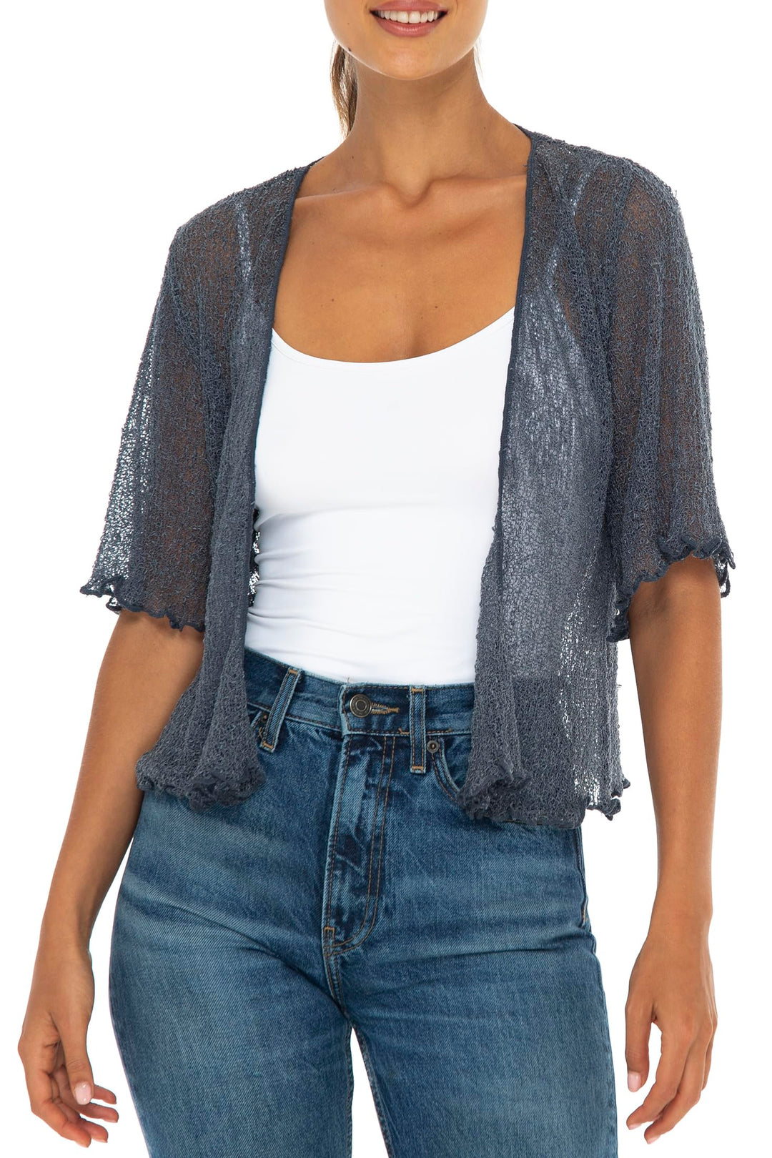 Open Front Short Sleeve Sheer Cardigan Top