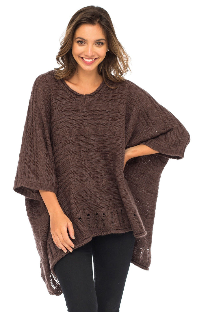 Back From Bali Womens Knit Poncho Sweater Cape V-Neck Soft Boho Tunic Shawl with Sleeves