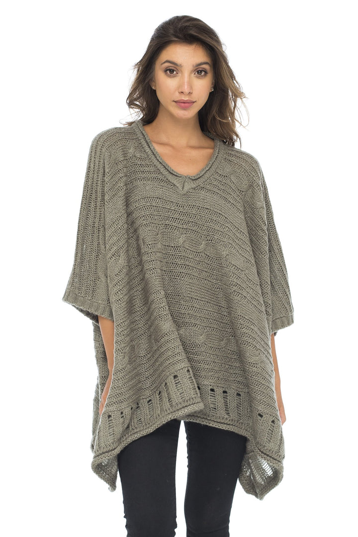 Back From Bali Womens Knit Poncho Sweater Cape V-Neck Soft Boho Tunic Shawl with Sleeves