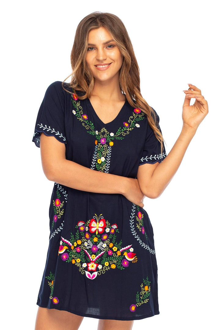 Short Embroidered Casual Floral Tunic Dress with Pockets