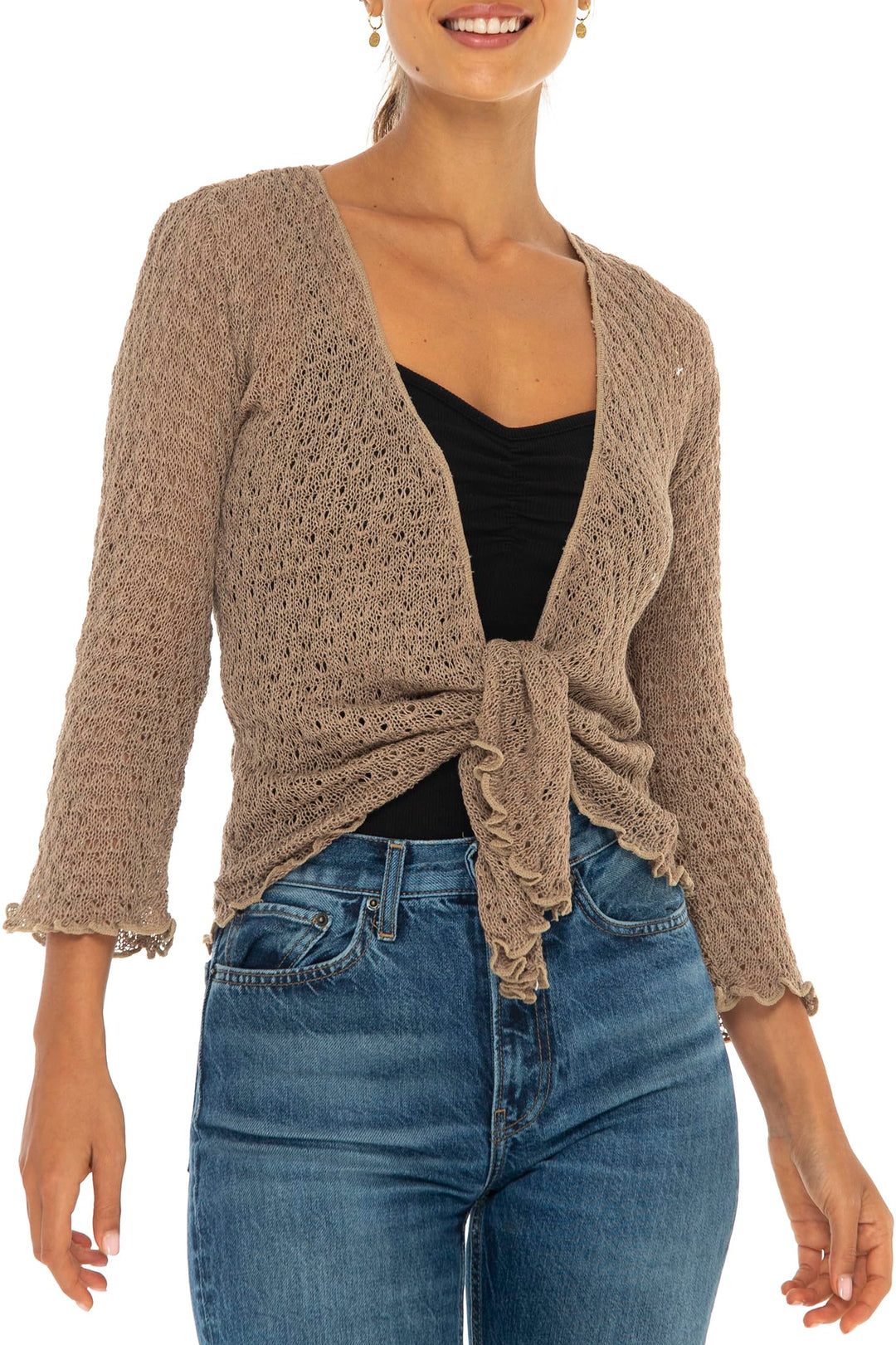 Open Front Tie Front Cotton Cardigan