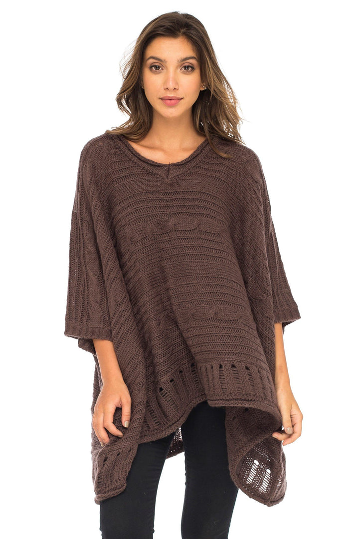 Back From Bali Womens Knit Poncho Sweater Cape V-Neck Soft Boho Tunic Shawl with Sleeves